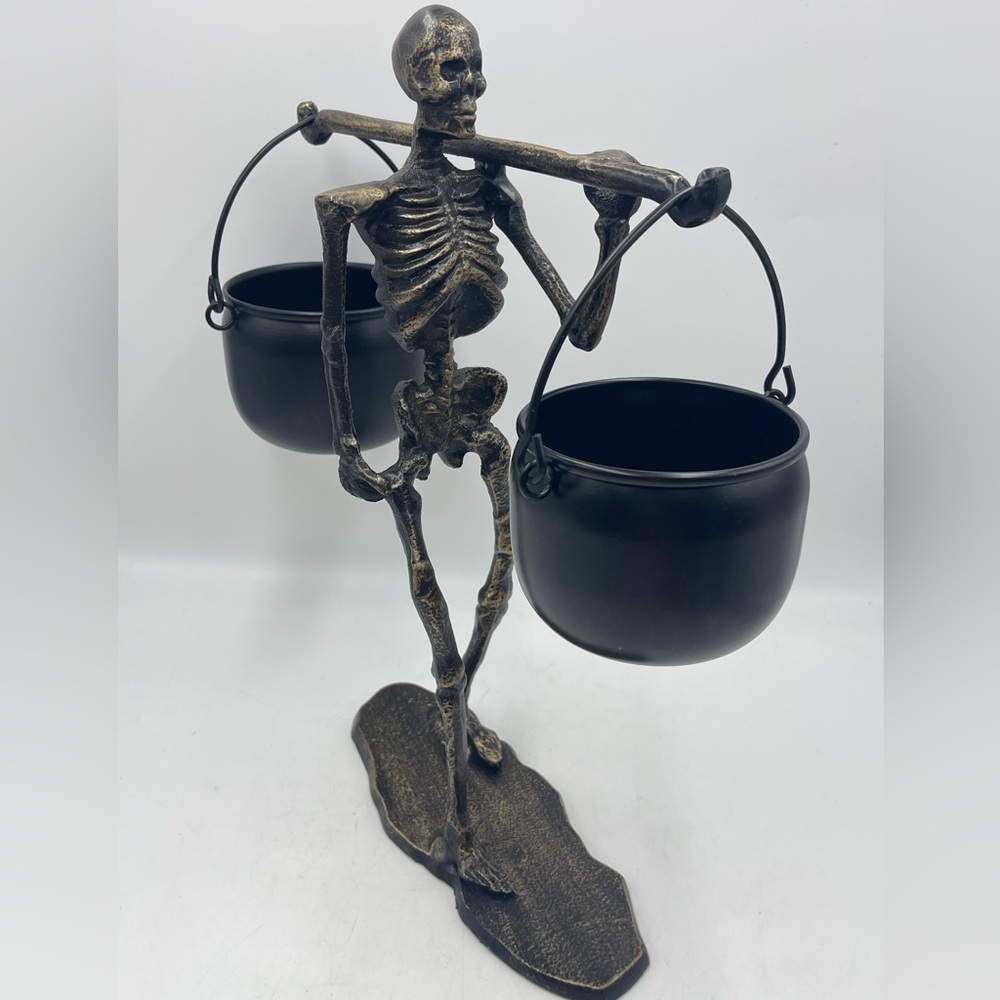 Gothic Halloween Metal Skeleton Sculpture Display w/Hanging Cauldron Candy Bowls
